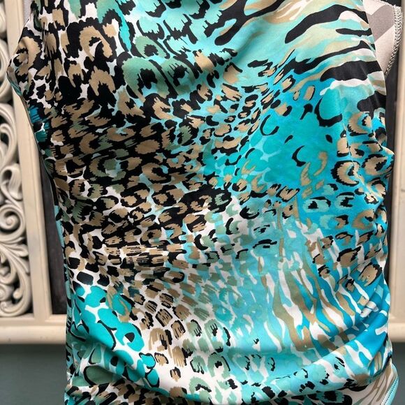 Perry Ellis Turquoise and Black Animal Print One Piece Swimsuit - Picture 2 of 5